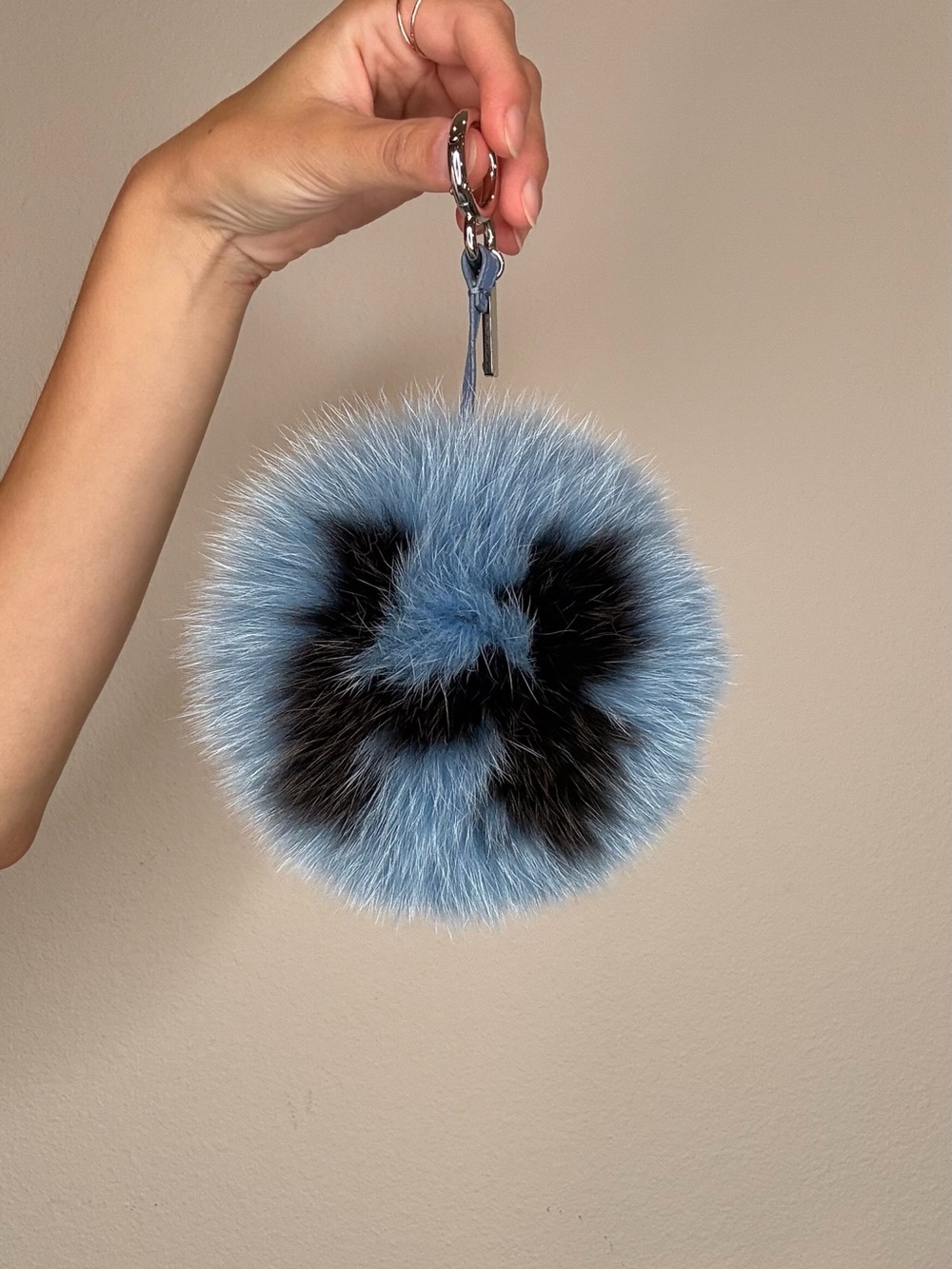 Fendi Blue and Black Fur Pom Pom Bag Charm with Silver Clasp